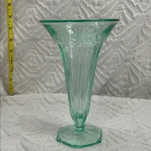 Vintage Green Depression Glass Trumpet Vase | Etched Panel Design